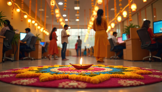 Office decorated with colorful rangoli and bright garlands for Diwali. Employees work at desks illuminated by festive lights and traditional diya oil lamp.