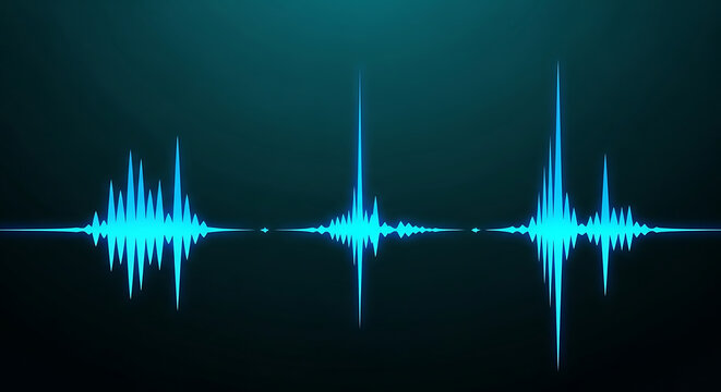 Blue glowing digital sound waves and audio frequency spectrum on dark background for music production and voice recognition technology concept