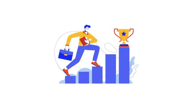 Animated businessman climbing growth chart toward trophy and success
