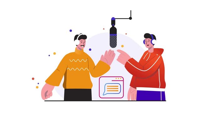 Animated podcast hosts recording conversation with hanging microphone