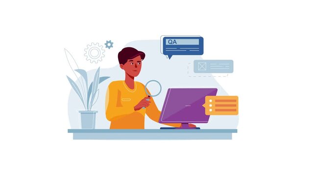 Animated QA analyst reviewing software interface on laptop with checklist