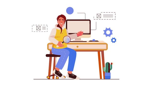 QA tester reviewing website design with magnifying glass and gears animation