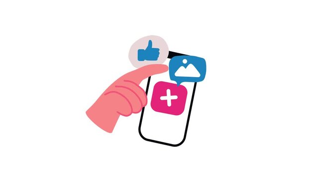 Animated hand tapping like button on smartphone with add icon