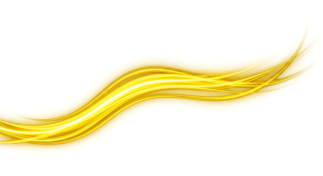 Abstract glowing yellow light trails isolated on white background, flowing energy strands, bright golden fiber optics effect, digital motion swirl, luminous curved lines, electric flow