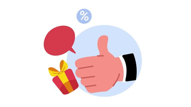 Flat animation of thumbs up hand with gift, sale and discount icons