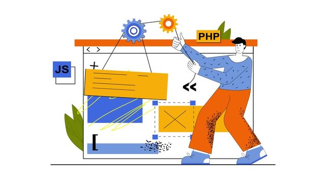 Animated web developer assembling website interface with PHP and JS