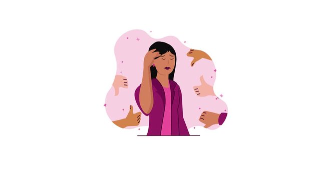 Animated sad woman surrounded by pointing hands in bullying concept