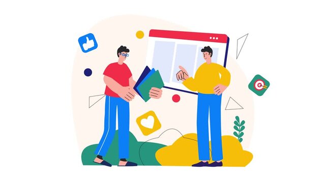 Animated social media marketing team sharing content and reactions