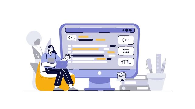 Female programmer coding on laptop beside web development screen animation