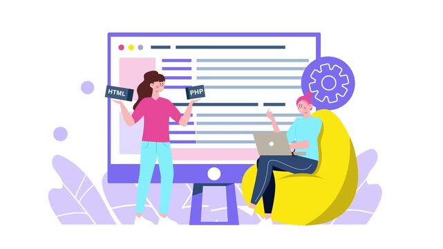 Women developers coding website with HTML and PHP on desktop animation