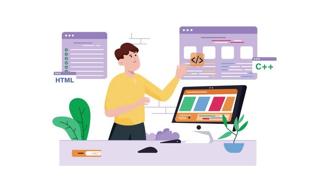 Animated web developer creating website layout with HTML and C++ code
