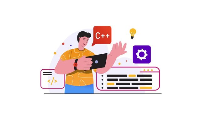 Animated programmer coding C++ on laptop with code interface and icons