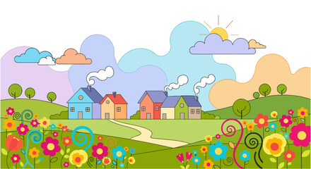 Naklejka premium Colorful cartoon houses in green field with vibrant flowers in bright sunny weather for real estate marketing
