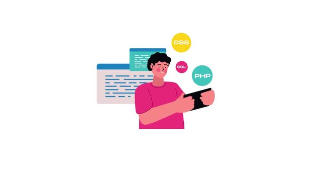 Animated young programmer holding tablet with CSS, SQL and PHP code