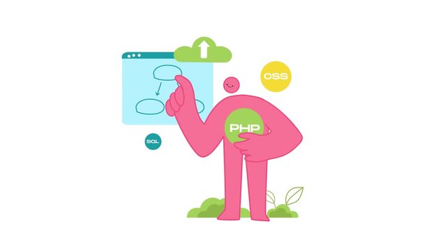 Playful pink developer character with PHP cloud upload and code icons