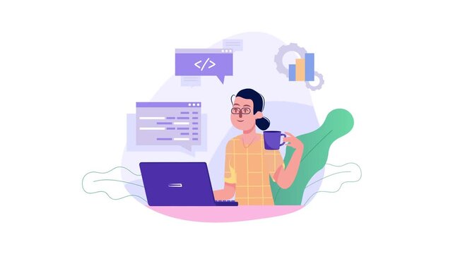 Flat illustration of freelancer coding at laptop with coffee and charts