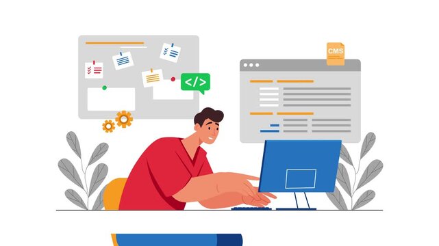 Animated web developer editing CMS website content at desktop computer