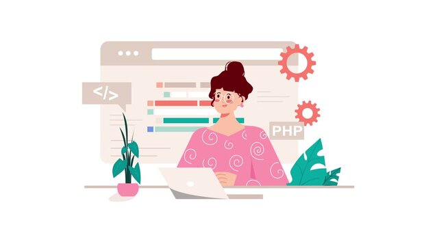 Female developer coding in browser interface with PHP and gears animation