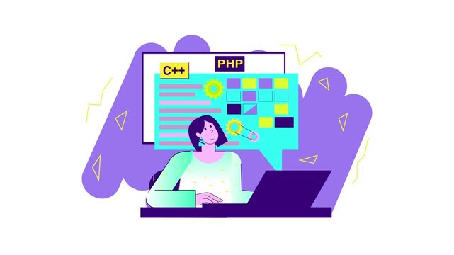 Flat animation of female programmer coding on laptop with language icons