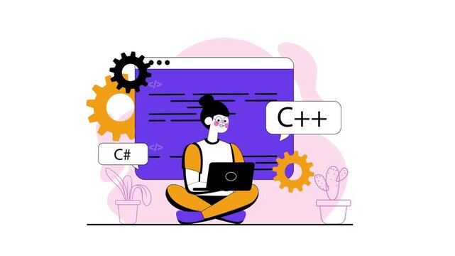 Animation of female programmer with laptop, C# and C++ code symbols