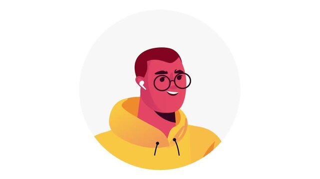 Smiling man in yellow hoodie with glasses and earbud, flat vector portrait