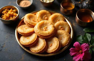 Naklejka premium Indian sweets served in golden plate. Round crispy snacks with saffron seeds on top. Tea in copper cups and flower nearby. Festive treat collection for celebration.