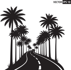 Obraz premium Black silhouette of a winding road lined with palm trees highway street travel