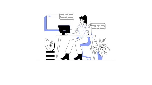 Animated woman programmer coding at desktop with Java HTML and PHP