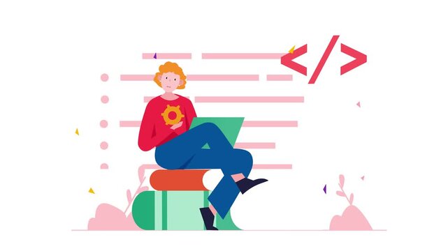 Animated programmer sitting on stack of books with laptop and code symbols