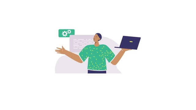 Flat animation of developer presenting laptop with code and gears