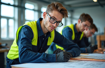 Fototapeta premium Young men in work vests learn technical skills. Students focus on blueprints and copper pipes in workshop class. Focused trainees wear safety glasses and gloves for practical training in trade school.