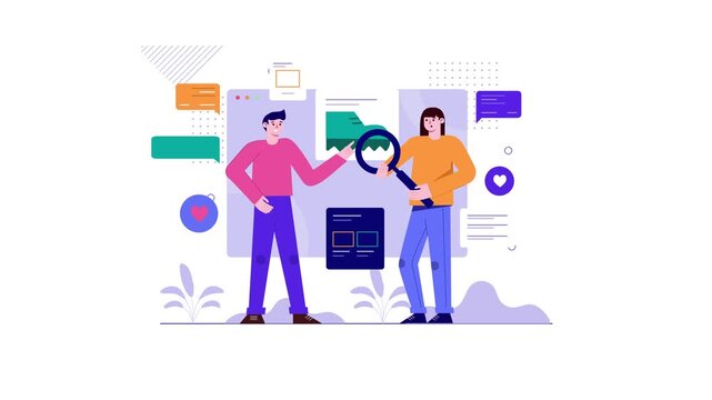 Two people analyzing website design with magnifying glass and feedback icons