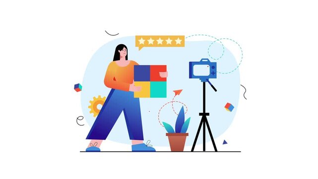 Flat vector animation of woman preparing product review video with camera