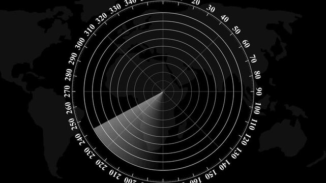 Radar screen animation on map background. Signal transmitted sonar radar .Radar point to detect enemy position.Technology world map radar screen animation. Radar Scanning loop.radar icon animation.4k