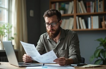 Fototapeta premium Man with glasses frowns reviewing papers and laptop. He looks stressed about finances at home. Budgeting, bills, and expenses cause concern. Planning his mortgage payments.