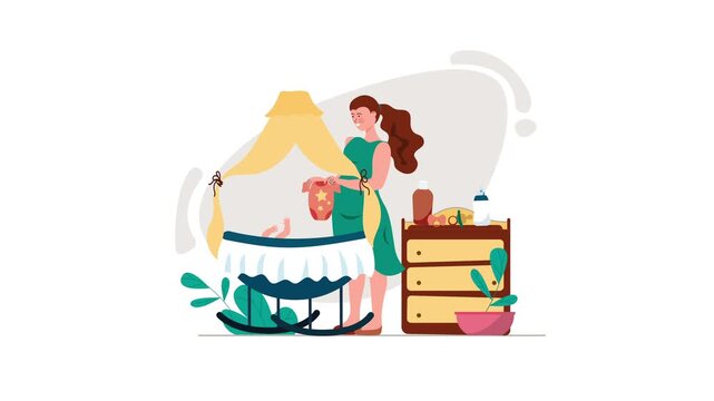 Mother changing baby in nursery with crib and dresser, flat animation