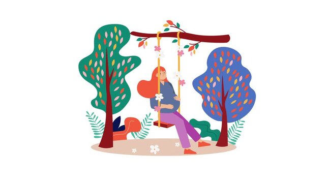 Animated pregnant woman swinging in colorful autumn park illustration