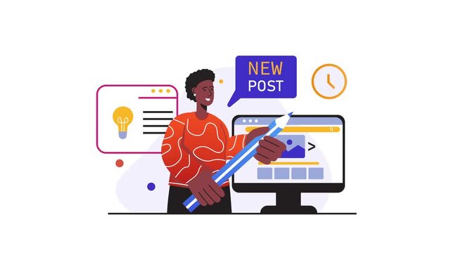 Animated social media content creator with new post and computer screen
