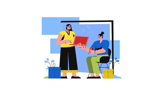 Animated flat vector illustration of two women exchanging documents
