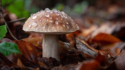Fototapeta premium A boletus mushroom covered in raindrops nestled among colorful autumn leaves