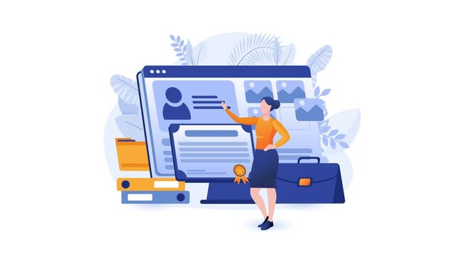 Flat animation of woman presenting online resume on computer screen
