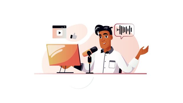 Animated podcast host recording at microphone with computer and waveform