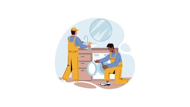 Two plumbers repairing bathroom sink in flat vector illustration
