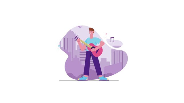 Young man playing acoustic guitar with music notes in animated illustration