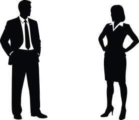 Fototapeta premium Silhouette of business man and woman facing each other in professional attire symbolizing workplace dynamics, equality, leadership, and success