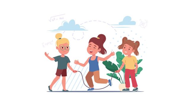 Playful animated children skipping rope with science doodles outdoors