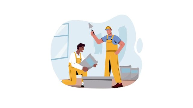 Construction workers plastering interior wall in flat animation style
