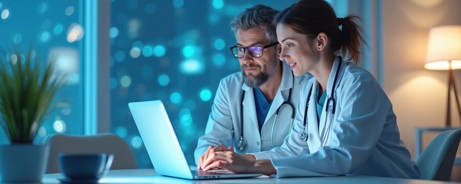 Two doctors in white coats collaborate using a laptop in a modern office at night. Focused on digital health data, discussing patient care plans, with city lights blurred in background.