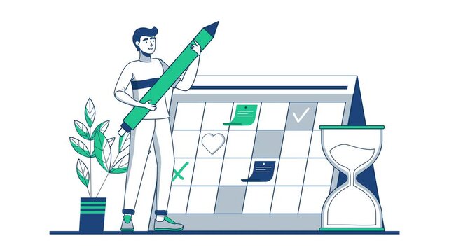 Man holding giant pencil beside calendar planner and checklist animation