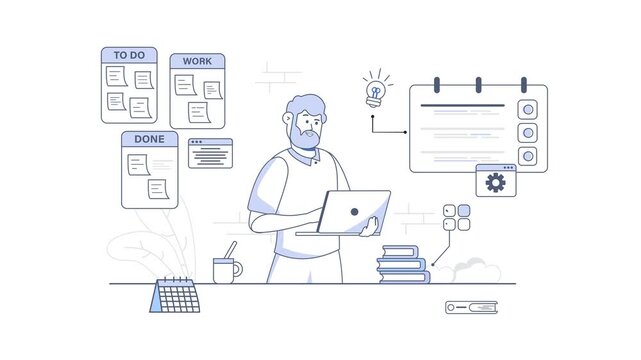Productivity workflow animation with man using laptop and task boards